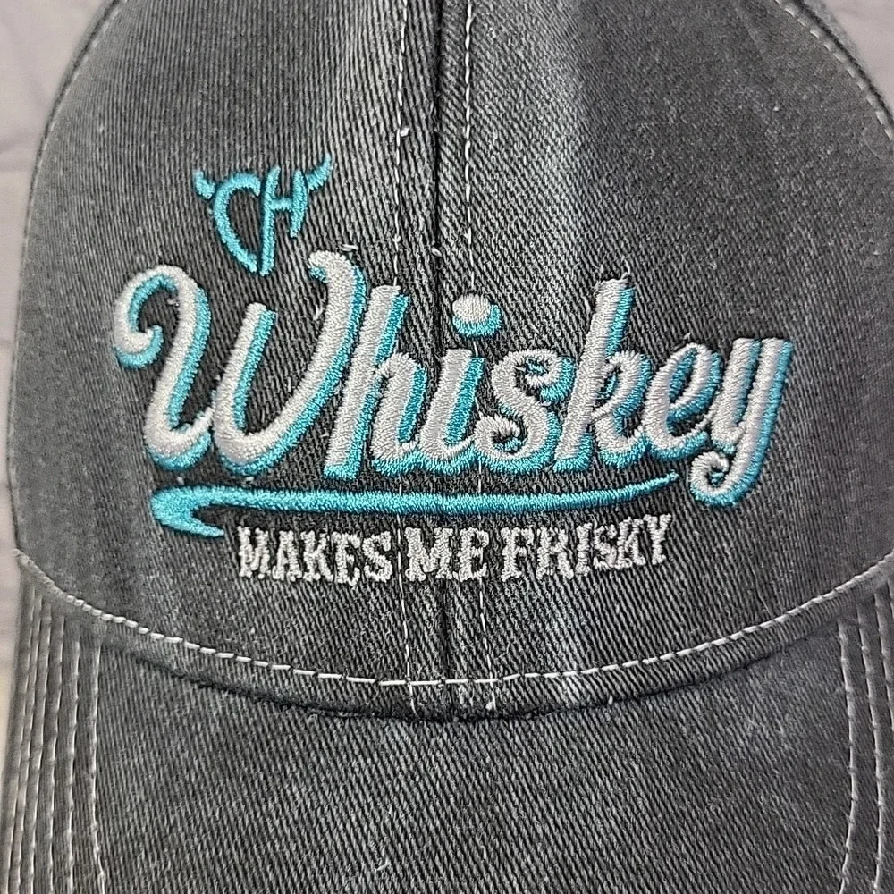 Whiskey Makes Me Frisky‎ Cowgirl Hardware Hat Womens Gray Snapback Ball Cap